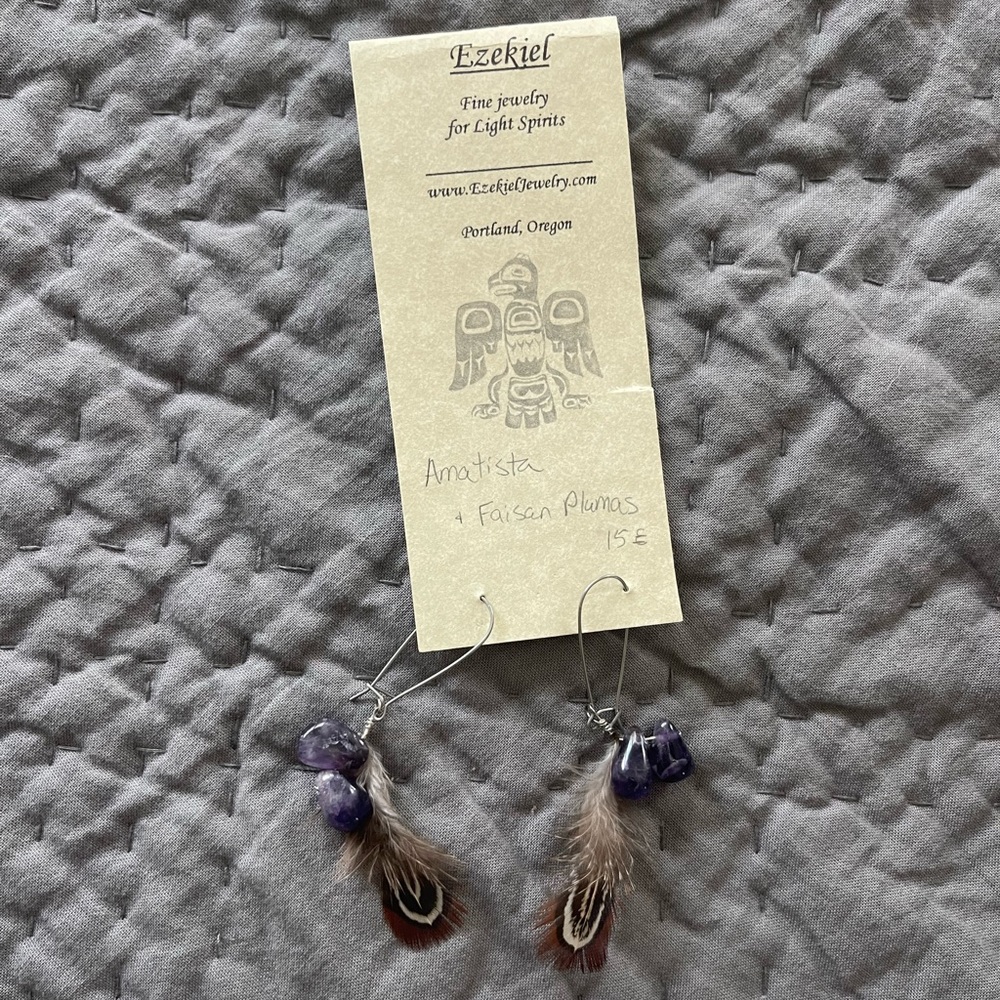 NWT Amethyst & Pheasant feather dangly earrings